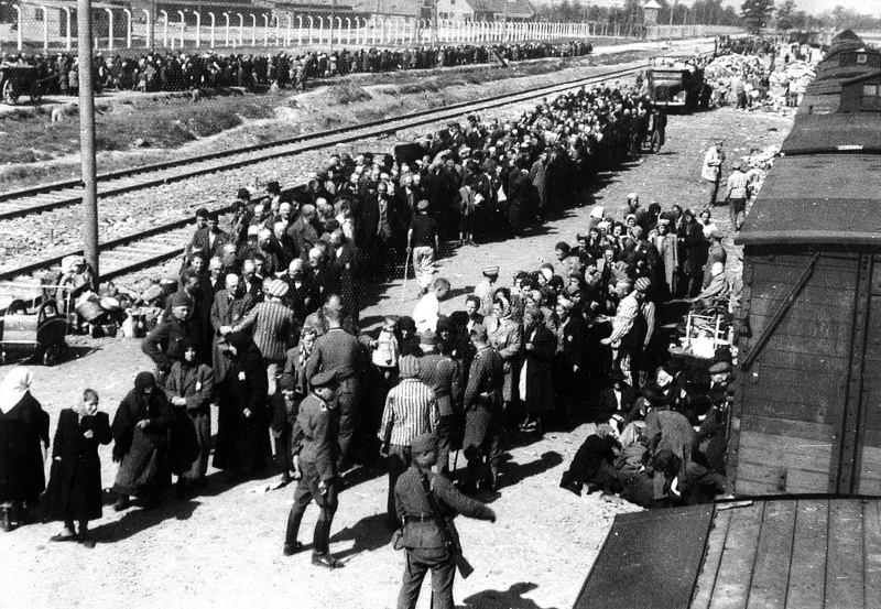 Прибытие заключенных в концлагерь Освенцим. Формирование колонн заключенных
